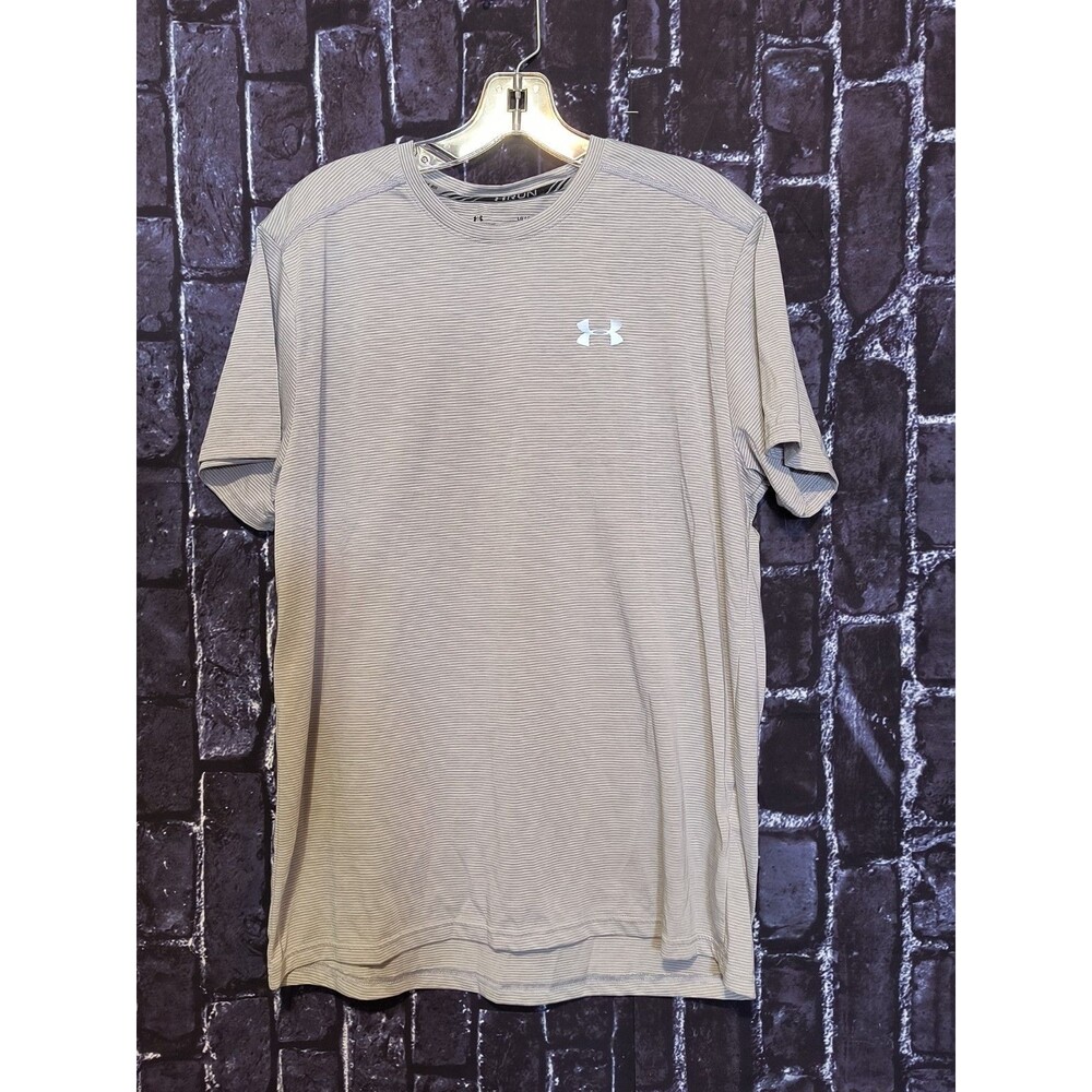Under Armour HeatGear Run T-Shirt Men's Size Large Grey White Striped Crew Neck